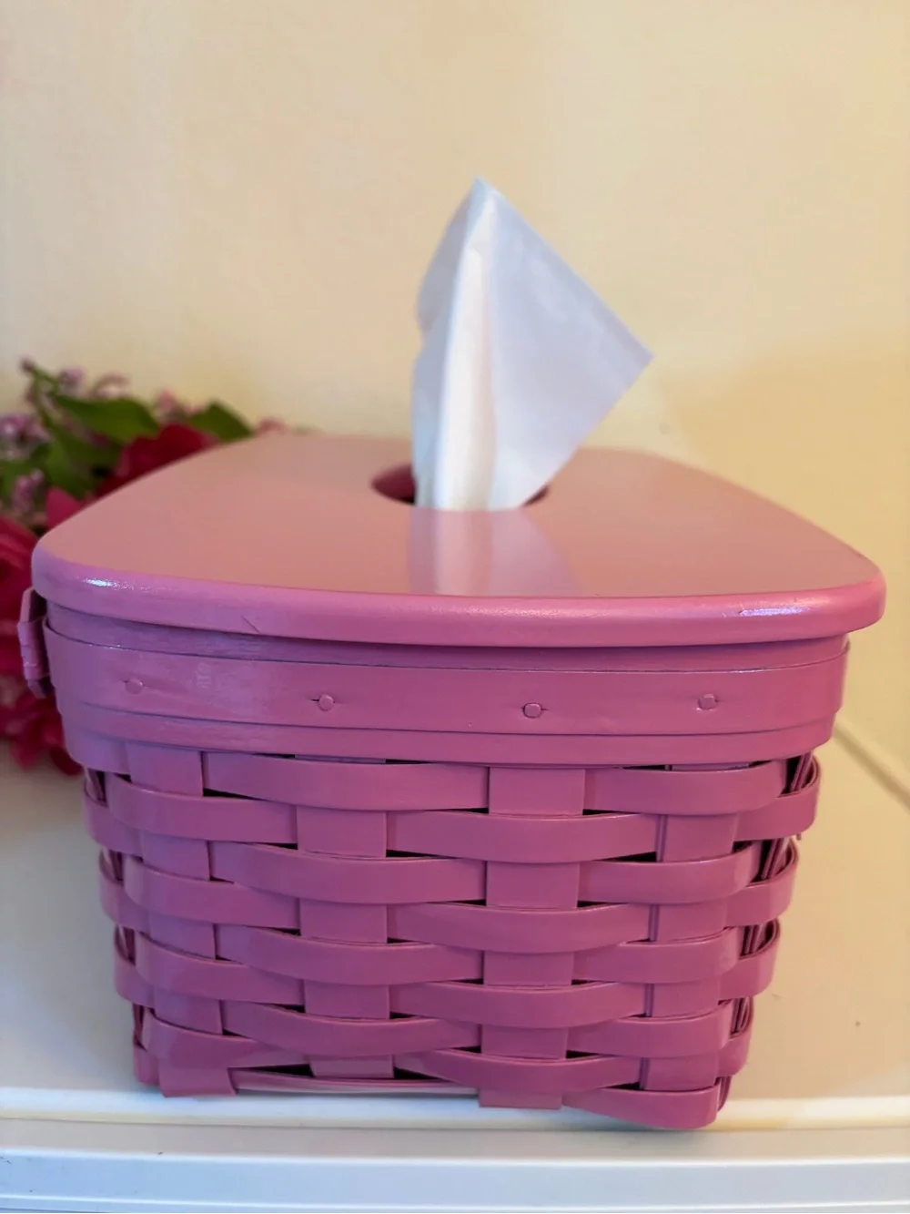 Vintage Longaberger Large Tissue Basket with Wood Lid, Painted Pink Gloss